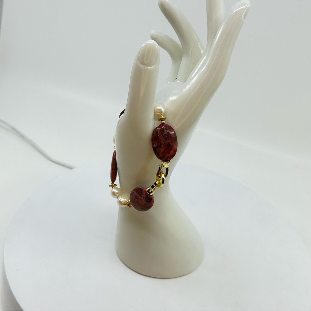 #301 New Genuine Pearls and Rhodochrosite Oval Coin Bracelet with Foldover Clasp